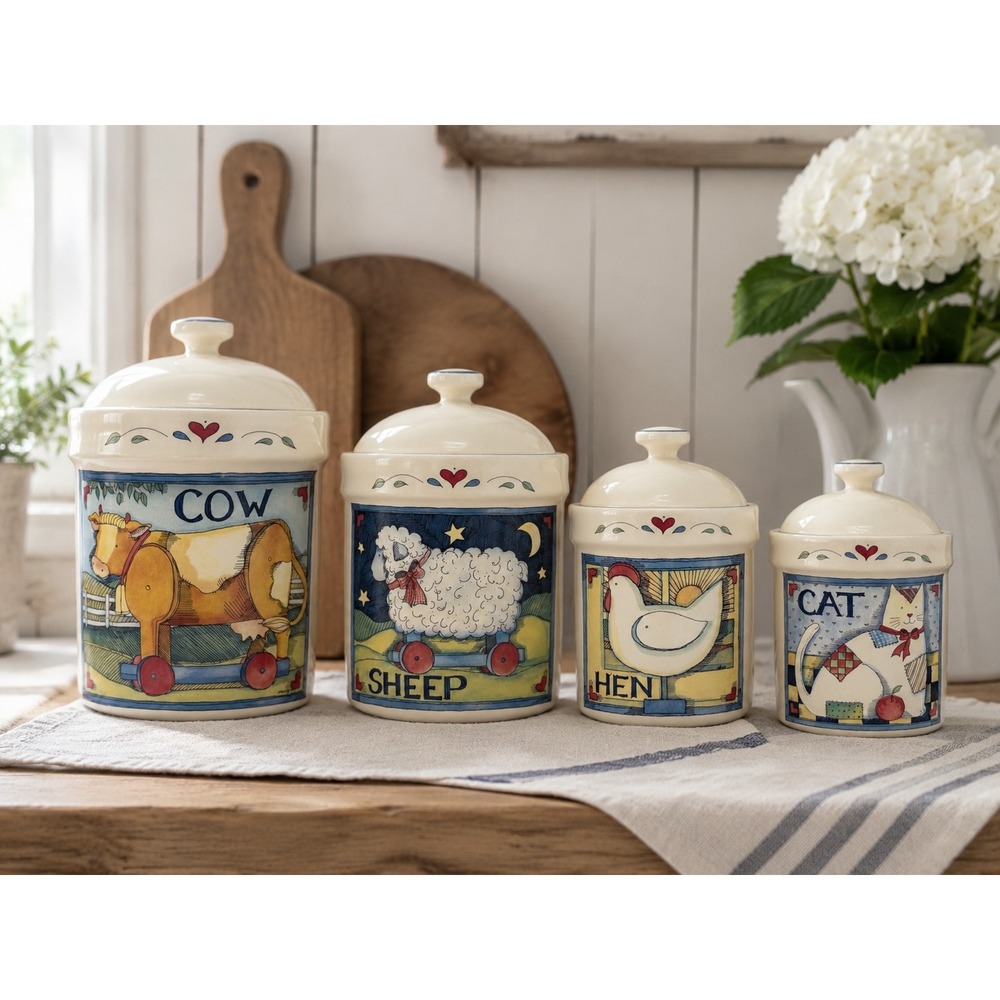 Vtg 90s Susan Winget Farm Animal Canister Set 4pc Cow Sheep Hen Cat AS IS FLAW